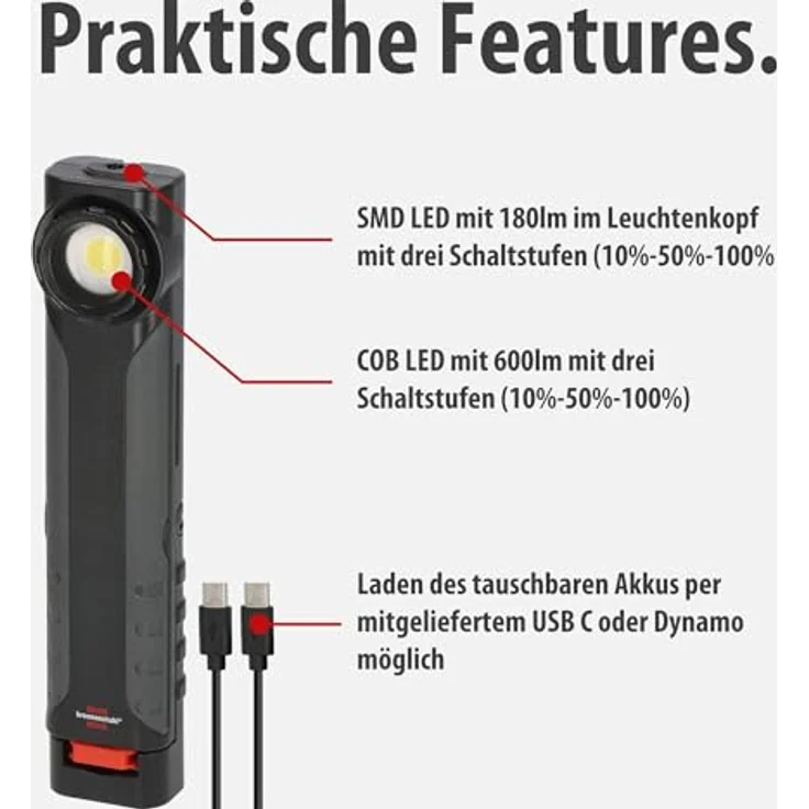 Brennenstuhl Akku LED Handlampe HL 600 AD/Dynamo, Werkstattlampe mit USB C Kabel, 600+180lm, IP54, IK08, bis zu 15h Leuchtdauer, integrierter Haken und Magnete – Bild 4