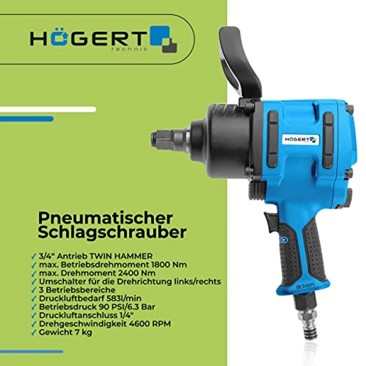 Högert Technik - Pneumatischer Schlagschrauber 3/4" Twin Hammer, Betriebsdrehmoment bis 1800 Nm, 3 Betriebsbereiche, Umschalter für Drehrichtung Links/Rechts, HT4R625 – Bild 2