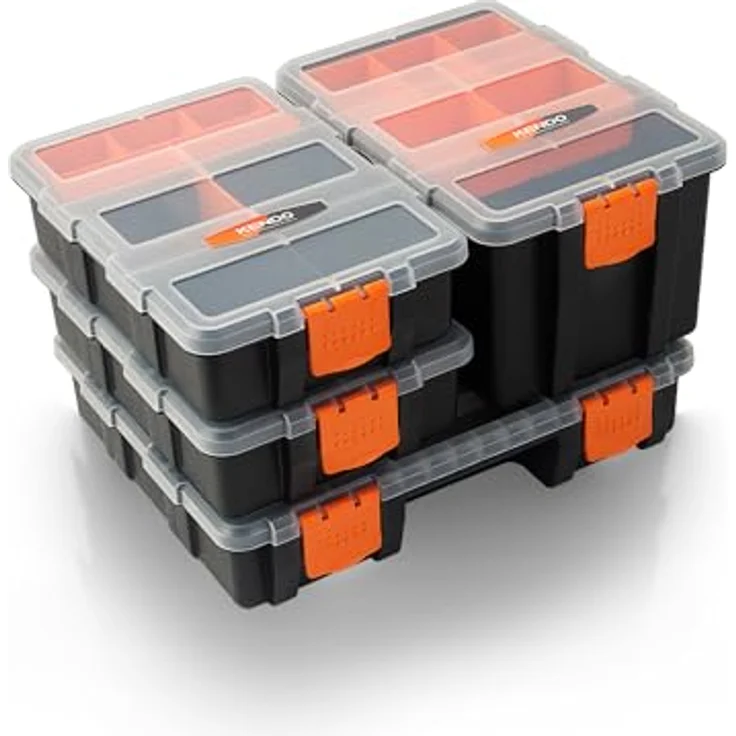 KENDO Sortimentskasten Set 4-teilig, mit 49 Fächern, transportable Werkzeugbox aus bruchfestem Polypropylen – Bild 1