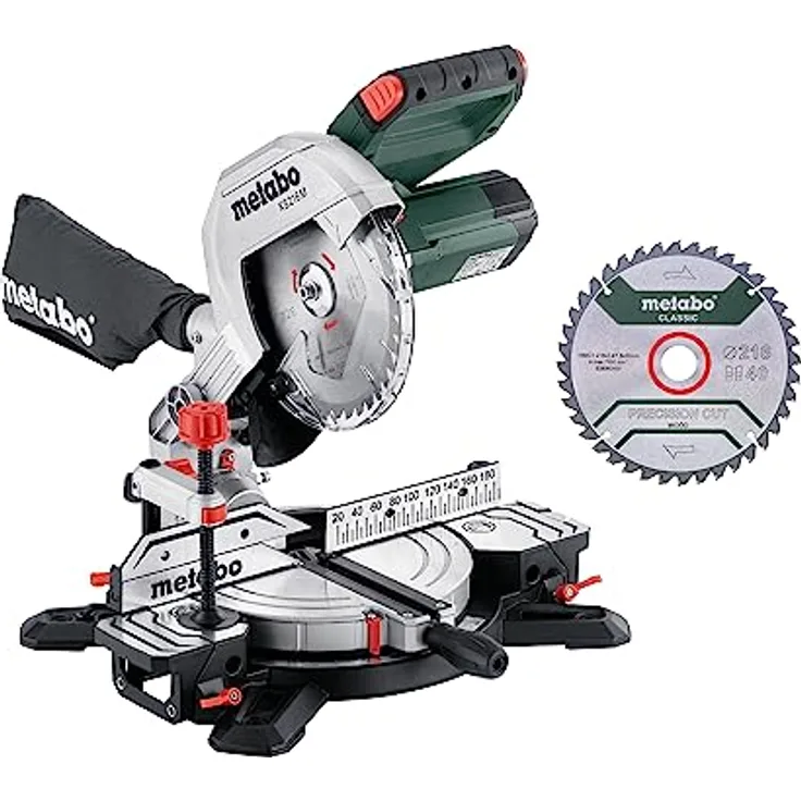 Metabo KS 216 M Set Kappsäge (Karton mit 2. HartmetallSägeblatt, mit Sägeblattneigung, integrierte Tischverbreiterungen) 610216900