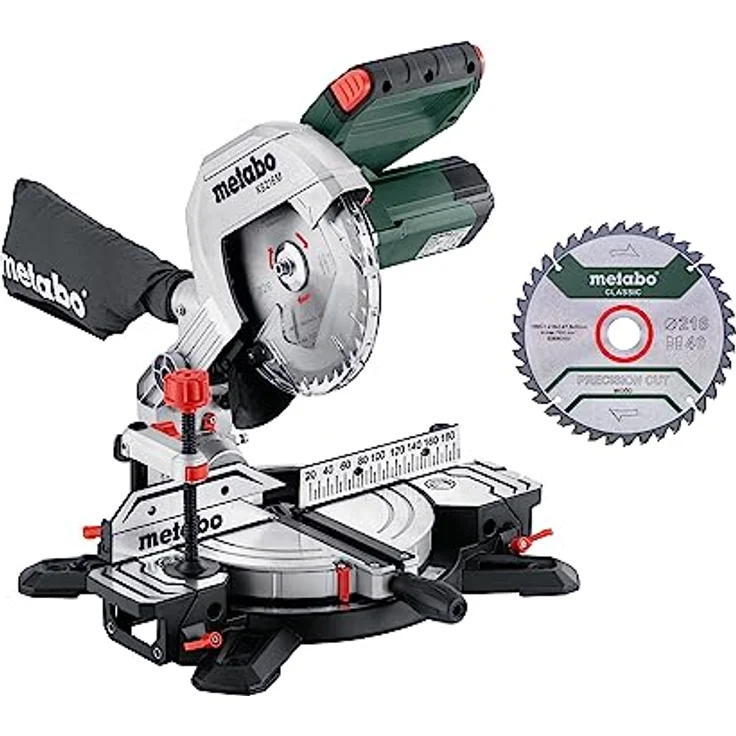 Metabo KS 216 M Set Kappsäge (Karton mit 2. HartmetallSägeblatt, mit Sägeblattneigung, integrierte Tischverbreiterungen) 610216900 – Bild 1