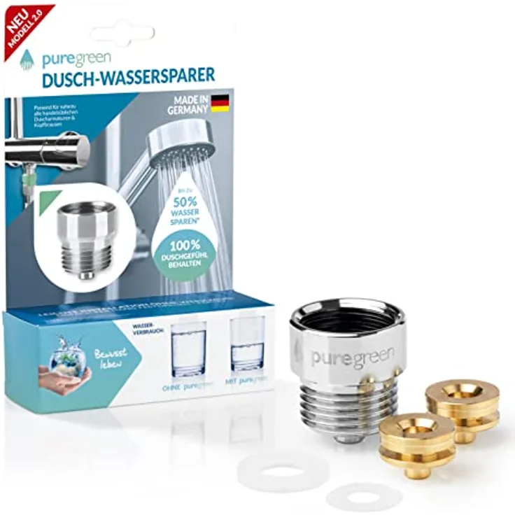 puregreen Dusch-Wassersparer | Leichte Installation, passend auf nahezu alle Duscharmaturen & Duschköpfe | Bis zu 50% Wasser sparen ohne Komfortverlust [chromfarben]