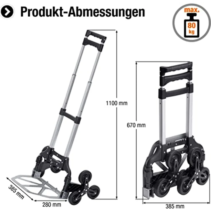 Meister Stufen-Sackkarre - 80 kg Tragkraft - 3x3 Treppensteiger - Klappbar inkl. Rädern - Dreifach höhenverstellbarer Griff - Aus Aluminium / Handkarre für Treppenhäuser / Transportkarre / 8985840 – Bild 2