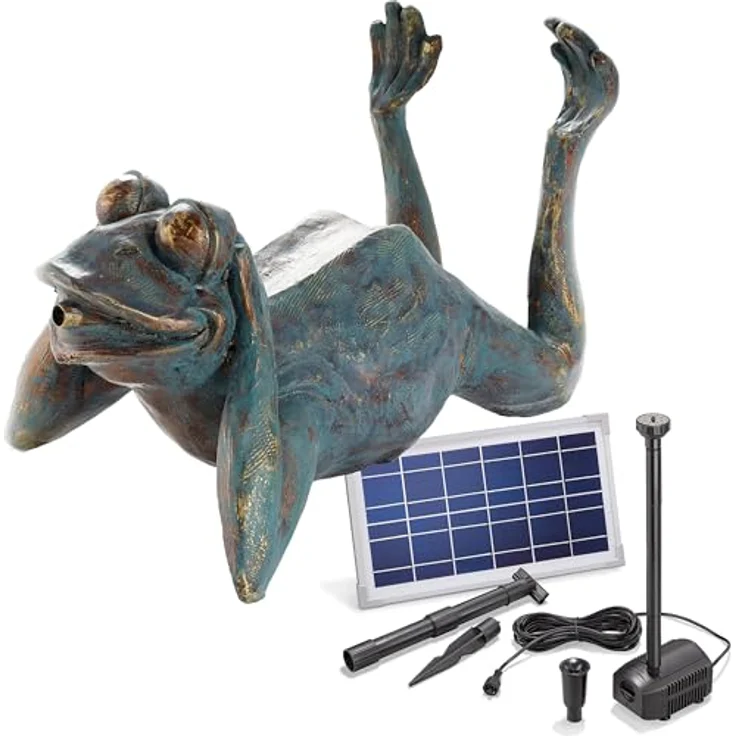 Esotec Solar Wasserspeier Frosch Lazy Frog, Teichfigur mit Tauchpumpe und Solarpanel, Bronze, H=24cm, Förderleistung 380l/h, für Garten und Balkon – Bild 1