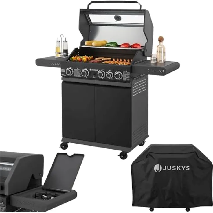 Juskys BBQ Gasgrill Savannah - 4 Brenner und 1 Seitenbrenner - XXL Stahl Gas Grill mit Gusseisen Grillrost, Kochfeld, Unterschrank für Gasflasche