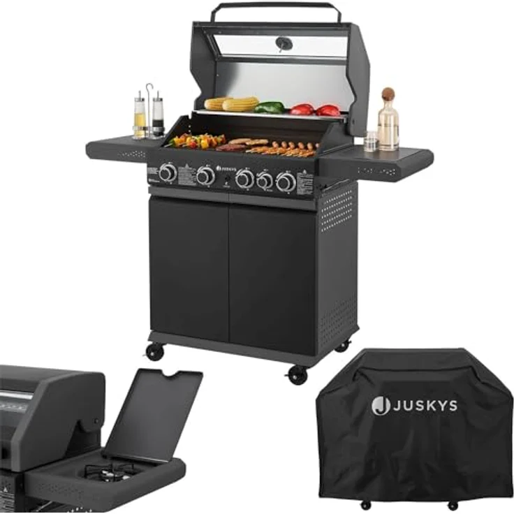 Juskys BBQ Gasgrill Savannah - 4 Brenner und 1 Seitenbrenner - XXL Stahl Gas Grill mit Gusseisen Grillrost, Kochfeld, Unterschrank für Gasflasche – Bild 1