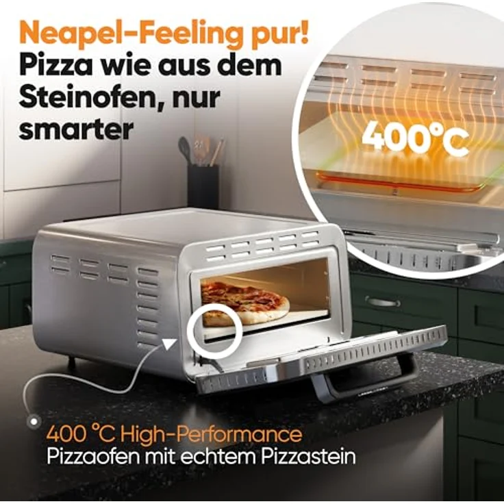 ProfiCook Pizzaofen PC-PO 1323, elektrischer Pizzaofen mit echtem Pizzastein, 400°C, Edelstahlgehäuse, 5 Automatikprogramme, 60 Minuten-Timer – Bild 2