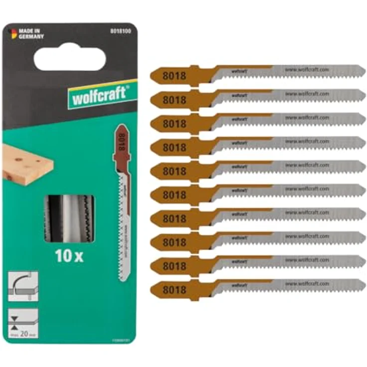 wolfcraft 10 HCS Stichsägeblätter für feine Kurvenschnitte, T-Schaft, ideal für Sperrholz und Weichholz, Schnitttiefe 20mm, made in Germany - 8018100 – Bild 1