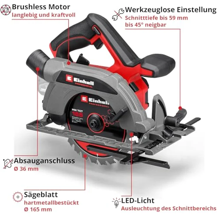 Einhell Akku-Handkreissäge TP-CS 18/165 Li BL - Solo, bürstenloser Motor, 165 mm Sägeblatt, elektrisch gebremst, inkl. LED-Licht, ohne Akku und Ladegerät – Bild 3