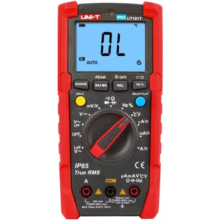 UNI-T UT191E Professionelles Multimeter, IP65, 600V AC/DC, 20A, RMS-/Peak-Wert Messung, automatische Hintergrundbeleuchtung