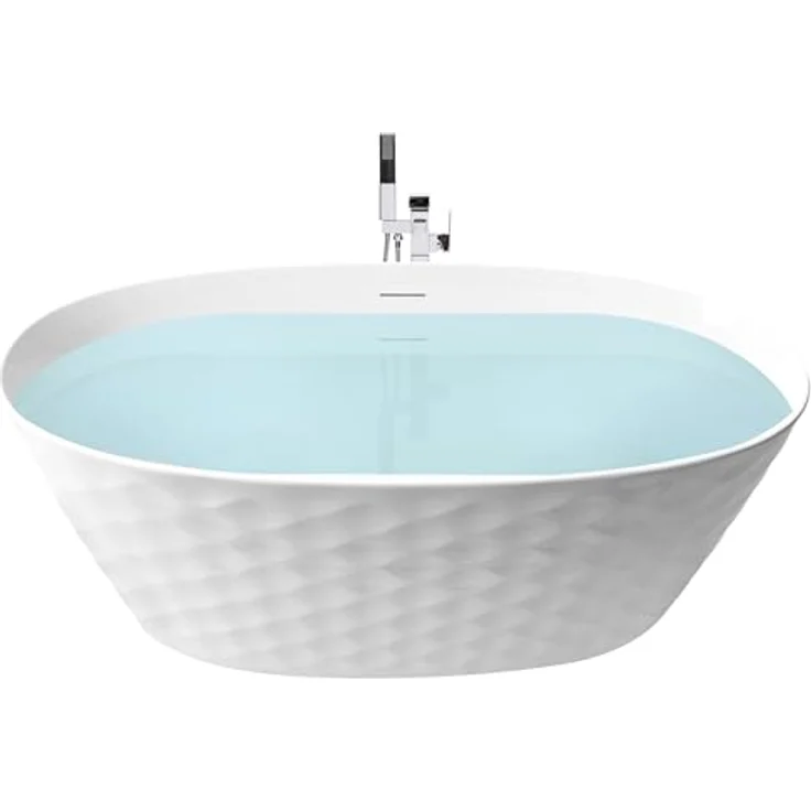 Beliani Badewanne Chubut, freistehend aus strapazierfähigem Acryl, 230 l, 150 cm, modernes weißes Finish mit Diamantmuster – Bild 1