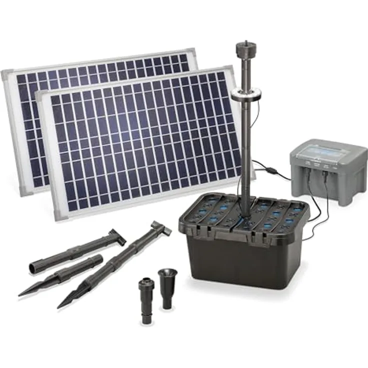 Esotec Solar Teichfilterset Profi 50/1300 LED proBatt, Komplettset mit Pumpe, BleiGel Akku, 1300l/h Förderleistung, 1,6m Förderhöhe, IP68, geeignet für bis zu 3000L Teichwasser