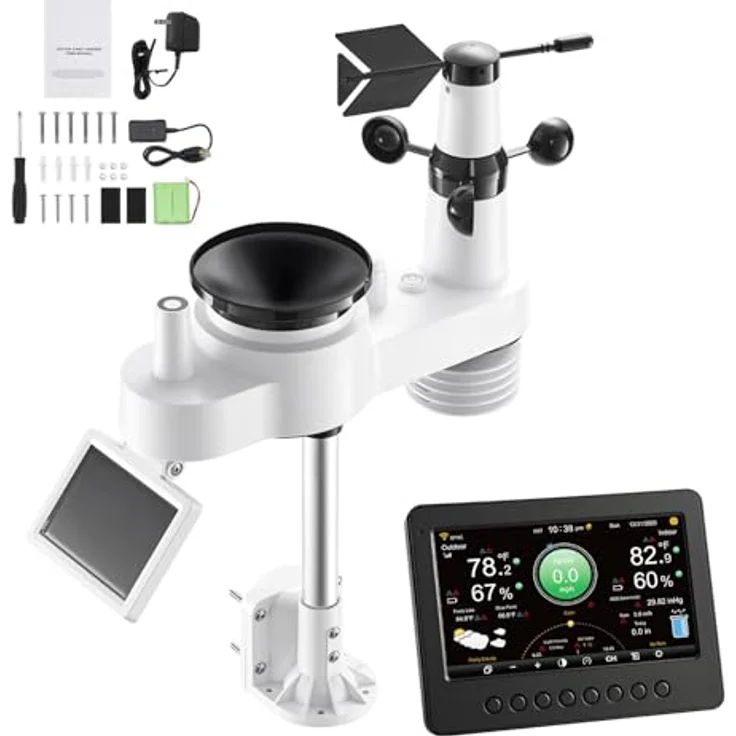 VEVOR 7-in-1 WLAN-Wetterstation, 7-Zoll-TFT-Display, solarbetriebener Außensensor, Wettercenter mit Windgeschwindigkeit, Temperatur, Luftfeuchtigkeit und Niederschlag, IPX6 wasserdicht – Bild 1