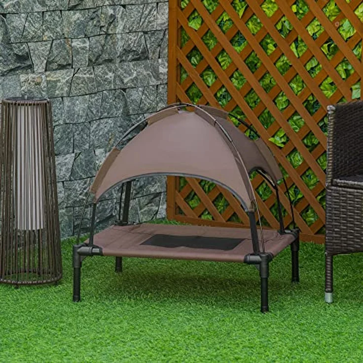 Pawhut Haustierbett mit Baldachin, Erhöhtes Hundebett, Hundeliege Outdoor mit Dach, Atmungsaktiv, Taftstoff Kaffee 61 x 46 x 62 cm – Bild 2