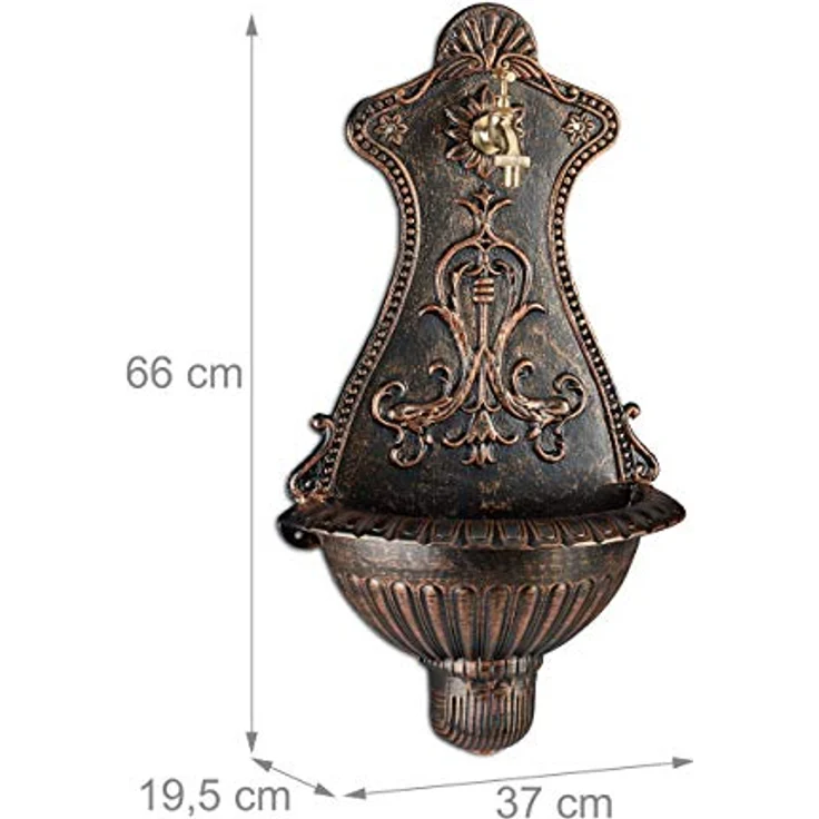 relaxdays Gartenbrunnen Wandbrunnen Antik, nostalgisches Metallbecken mit Wasserhahn, bronze/gold, H 66 cm, DIY Montage – Bild 4