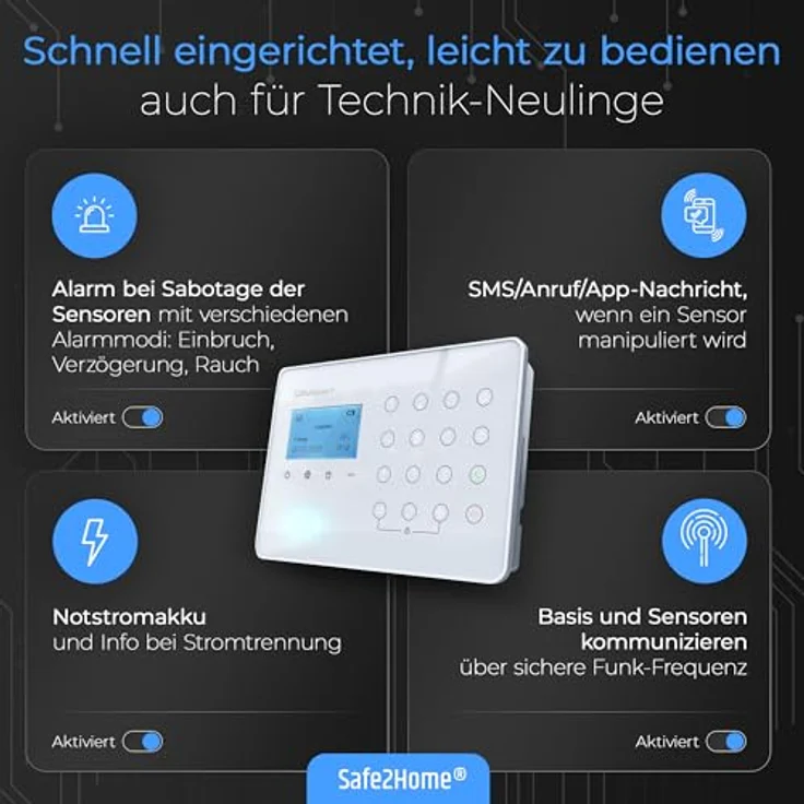 Safe2Home Alarmanlagen-Set SP110 Komplett, Funk-Alarmanlage mit Solar-Außensirene, Quad-Band GSM Modul, integrierte Kindersicherung, 32 kabellose Zonen – Bild 5
