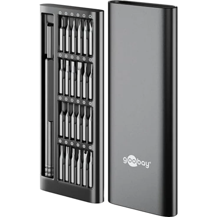 goobay 24 in 1 Schraubendreher Set, Tragbares Mini Werkzeug mit Präzisions-Bitsatz für Macbook, Laptop, PS4, PS5, iPhone, Brille, Uhren, Switch, Xbox, PC – Aluminium-Gehäuse mit Magnetischem Bithalter – Bild 1