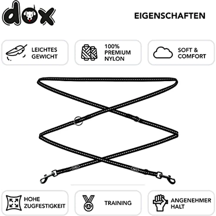 DDOXX Reflektierende Nylon Hundeleine - 2M, 3Fach Verstellbar - M (Schwarz) – Bild 3