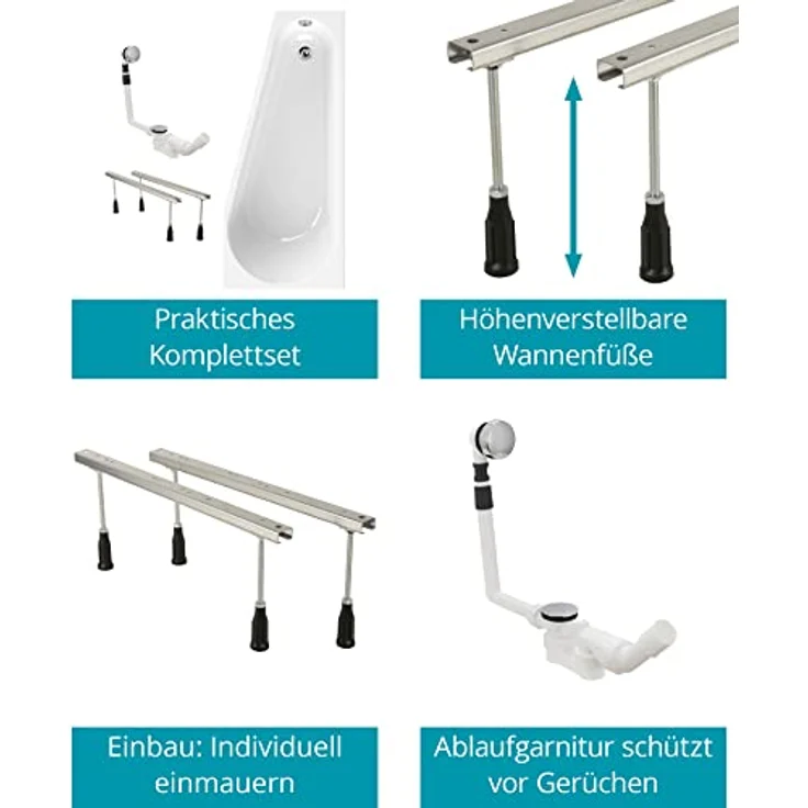Calmwaters® Raumspar-Badewannen-Set 160x70 cm mit Wannenfüßen & Ablaufgarnitur, Acrylwanne Essential Small, platzsparende Wanne, Set Badewanne komplett, 160 x 70 cm, Weiß, 99000322 – Bild 4