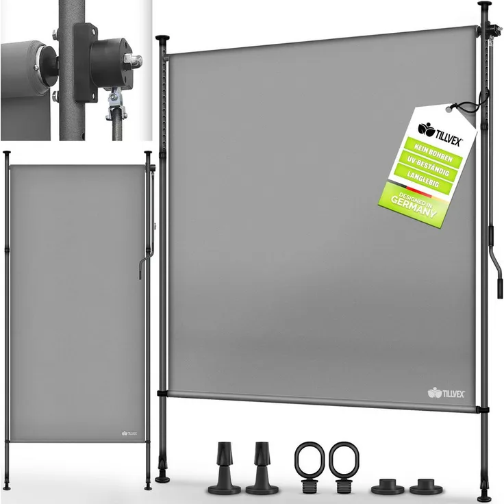 tillvex Klemmmarkise Senkrechtmarkise mit Handkurbel für Balkon ohne Bohren (Blickdicht & Wetterfest)