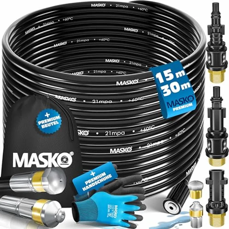 MASKO Premium Rohrreinigungsschlauch Set Abflussreiniger 200 bar inkl. Tasche 3 Adapter 2 Düsen + rotierend kompatibel mit Kärcher k2-k7 LAVOR Hochdruckreiniger universal Rohrreinigungsset 15m, Schwarz - Premium