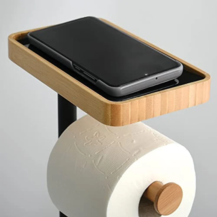 MSV Stand WC Garnitur WC Bürste Rollenhalter Toilettenbürste Klobürste Klopapierhalter aus Bambus Schwarz 4in1 mit Ablage für Feuchttücher und Smartphone Teiki – Bild 2