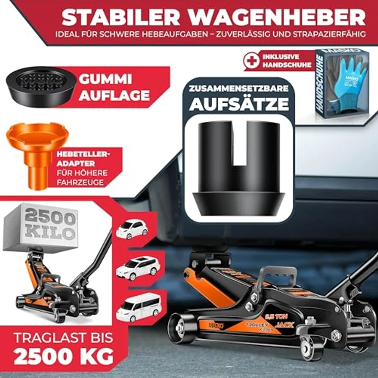 Masko Wagenheber hydraulisch Flache Hubhöhe + 2x Gummiauflage + Handschuhe, KFZ Rangierwagenheber hydraulischer 360° Rollen Heber Unterstellbock, 2.5 Tonnen, in Rot – Bild 3