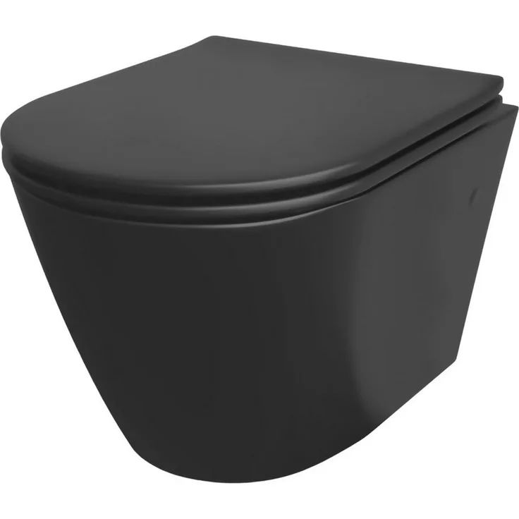 Alpenberger Tiefspül-WC Wand WC Spülrandlos - Hänge WC mit WC Sitz mit Absenkautomatik, Wand Montage, Abgang waagerecht, WC Becken Schwarz mit Nano, WC Schwarz Matt Spülrandlos - Schwarzes Klo