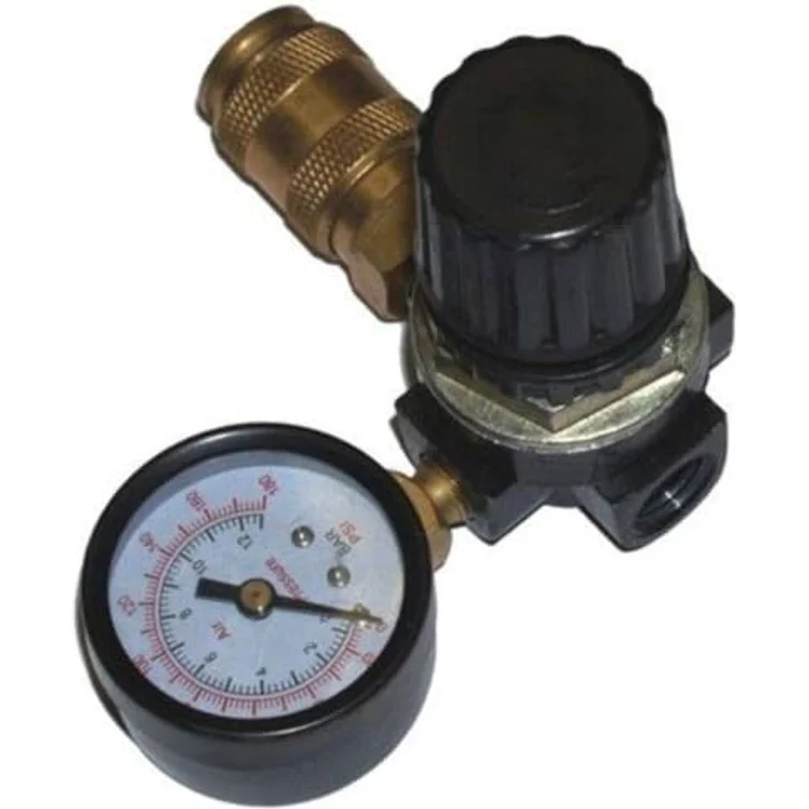 Aerotec Druckluft-Druckminderer 1/4 Zoll, max. 12 bar mit horizontalem Manometer und Schnellkupplung – Bild 1
