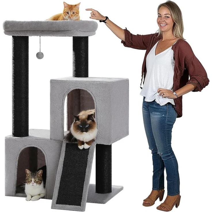 purplerain Kratzbaum Extra-Dick Stämme XXL Stabil für Grosse Katzen, 114/170 cm, Schwarz/Rosa/Beige