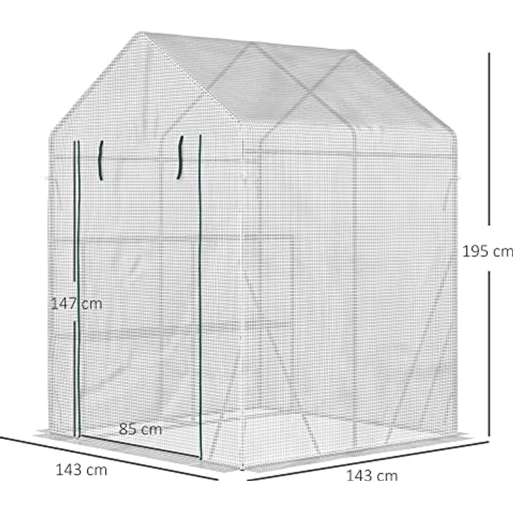 Outsunny Foliengewächshaus begehbares Gewächshaus mit 4 Regalebenen Tomatengewächshaus Treibhaus Frühbeet mit Reißverschlusstüren Weiß Stahl PE-Kunststoff 143 x 143 x 195 cm – Bild 5