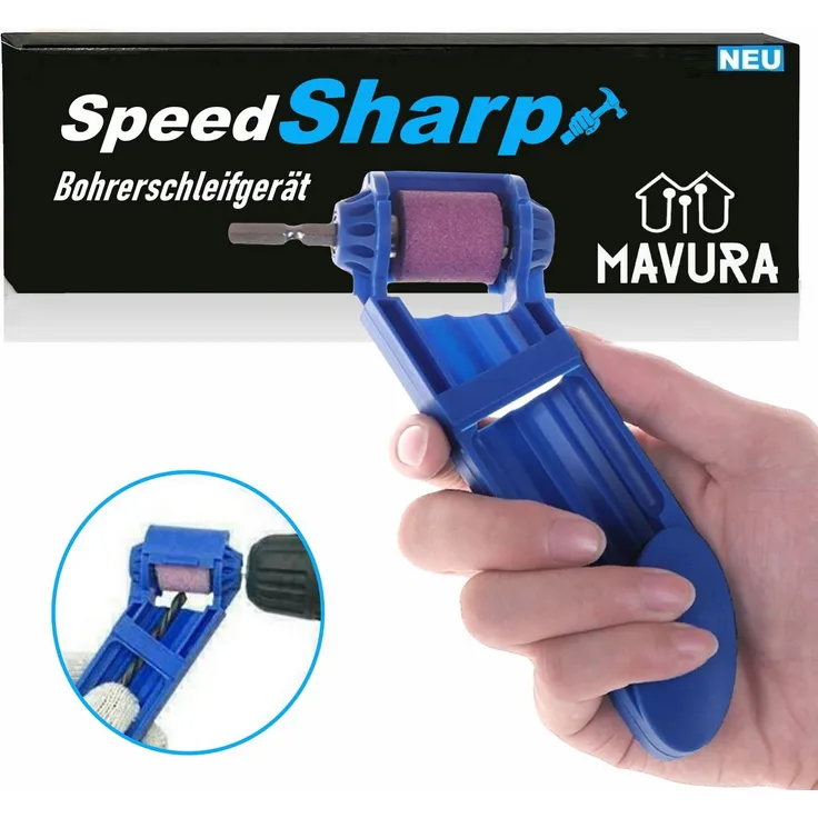 MAVURA SpeedSharp Bohrerschärfgerät, tragbares Schärfgerät für Bohrergrößen 2-12,5 mm, blau