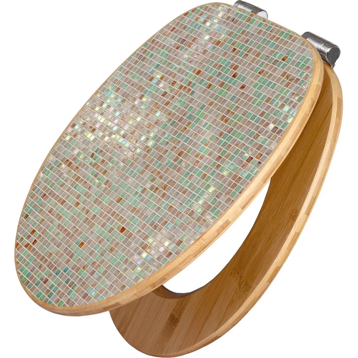 Banjado Bambus WC Sitz, Toilettendeckel mit Absenkautomatik, Motiv Grüne Fliesen, 45,8x37,5cm, universal passend für alle Toilettenschüsseln