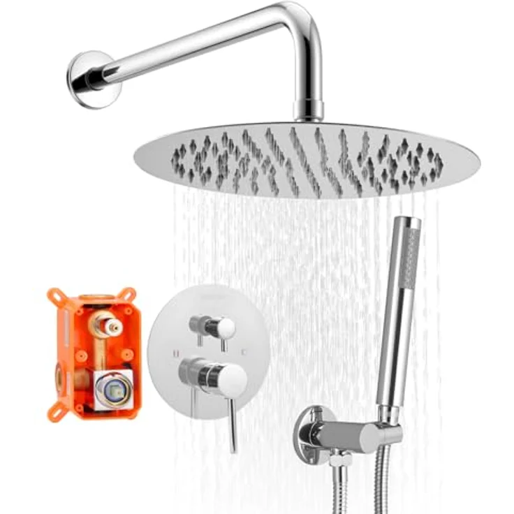 VEVOR Regenduschsystem für Badezimmer, Duscharmatur mit 254 mm Rund-Duschkopf & Handbrause, wandmontierte Messingarmaturen in Silberchrom, Hochdruck, wasser-sparend, einfache Temperaturregelung – Bild 1