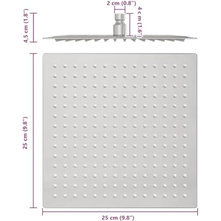 vidaXL Regenduschkopf Edelstahl 304 25x25 cm Quadrat, Anti-Kalk-Düsen, 196 Düsen, Silikon - Hochglanzschwarz – Bild 3