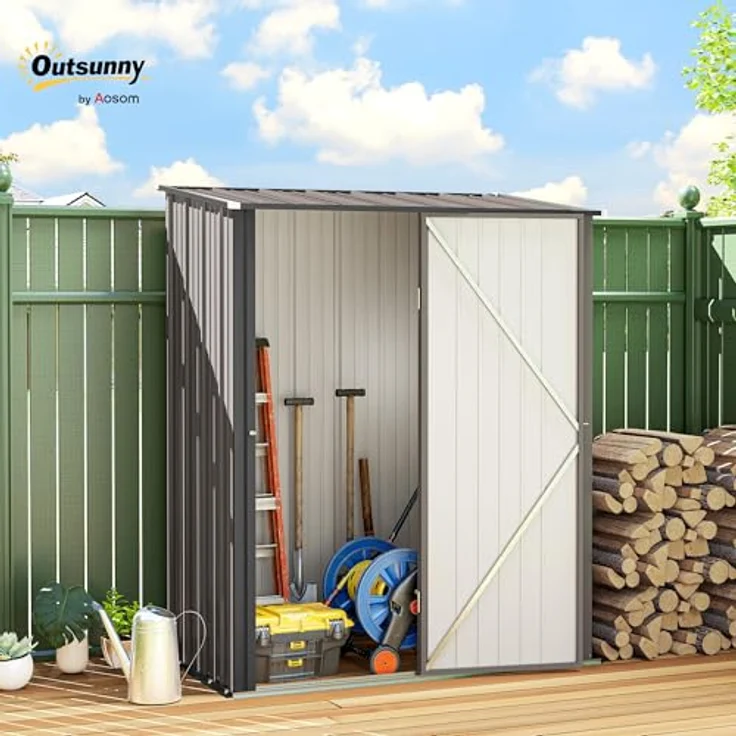 Outsunny Metall Gerätehaus 1,34m² mit Pultdach, abschließbare Tür, wetterfest, 161,5 x 94,5 x 196cm, hellgrau – Bild 2