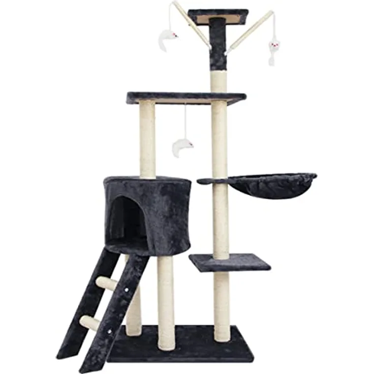 Katzen Kratzbaum Simba 142 cm groß Dunkelgrau - Deluxe Katzenbaum mit Katzenhöhle, Katzenspielzeug, Plattform, Sisal Kratz Säule und Hängematte - Stabiles und Robustes Katzenhaus