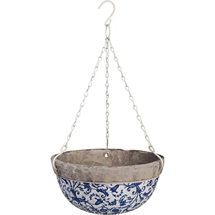 Esschert Design Hängekorb, krakelierte Keramik in Barockstil, Ø 26 cm, ca 1200 ml, Kette ca. 45 cm lang, Blumenampel/Blumenschale in blau-weiß