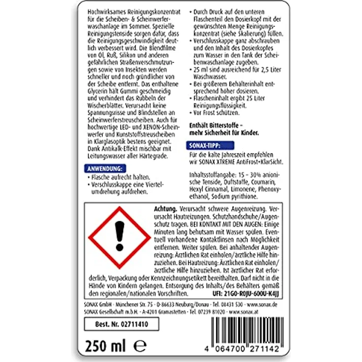 SONAX 02711410  XTREME ScheibenReiniger 1:100 250 ml Reinigungskonzentrat mit frischem Duft für die Scheibenwaschanlage Fächerdüsentauglich Lack-, gummi- und kunststoffverträglich – Bild 2