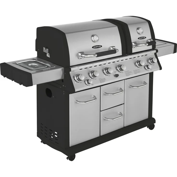 JUSTUS Gasgrill Mars Pro, mit Unterschrank, 6+2 Brenner, Edelstahl, Grillfläche 66x64 cm 28.000 Watt Gusseisen mit Seitenbrenner, mit Heckbrenner stufenlos, Crossover Zündung