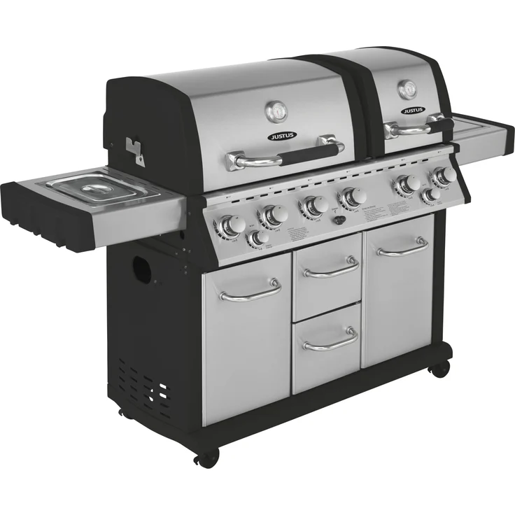 JUSTUS Gasgrill Mars Pro, mit Unterschrank, 6+2 Brenner, Edelstahl, Grillfläche 66x64 cm 28.000 Watt Gusseisen mit Seitenbrenner, mit Heckbrenner stufenlos, Crossover Zündung – Bild 1