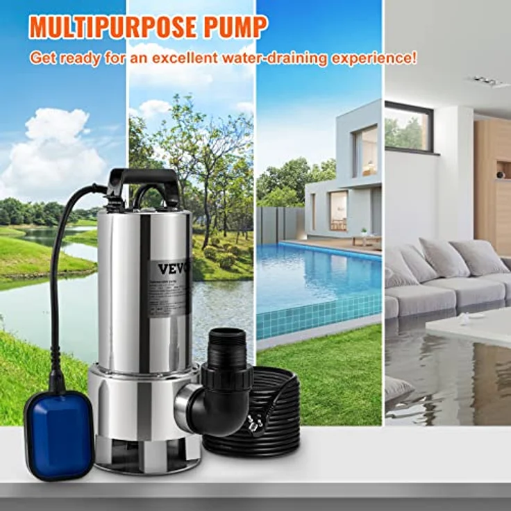 VEVOR Tauchpumpe 1300W Schmutzwasserpumpe 230V Gartenpumpe Durchfluss 20000L/h Schmutzwassertauchpumpe max. Hub 11m IPX8 Ideal zum Pumpen von Wasser aus Schwimmbädern Kellern Teichen – Bild 2