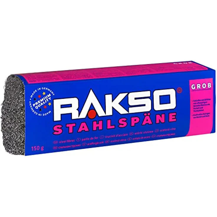 RAKSO Stahlspäne grob 150g, für Schleifen und Glätten von Holzoberflächen, Reiniger für Metall und Stein, inkl. Banderole, Premium-Qualität Made in Germany