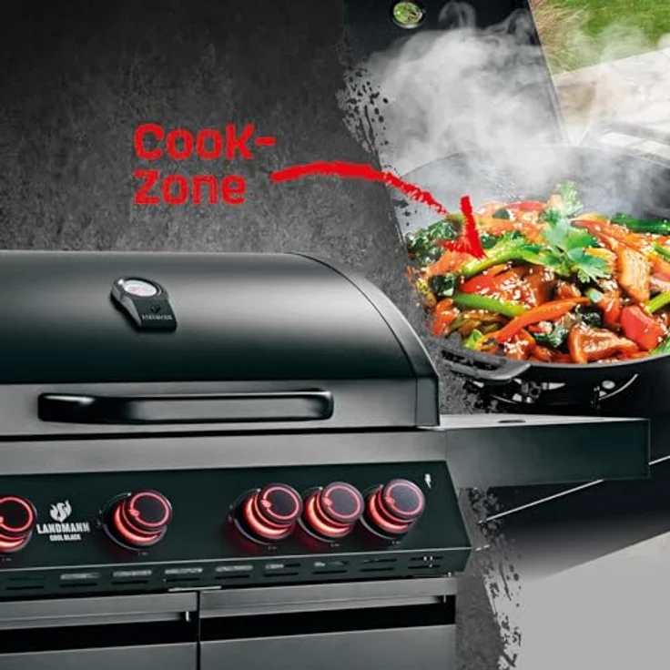 Landmann COOL BLACK 4.1 Gasgrill, Grillwagen mit 4 Brennern, bis zu 320 °C, Seitenbrenner, Cook-Zone, Warmhalte-Grillrost, großzügiger Grillfläche, Doppelwanddeckel und Thermometer – Bild 2