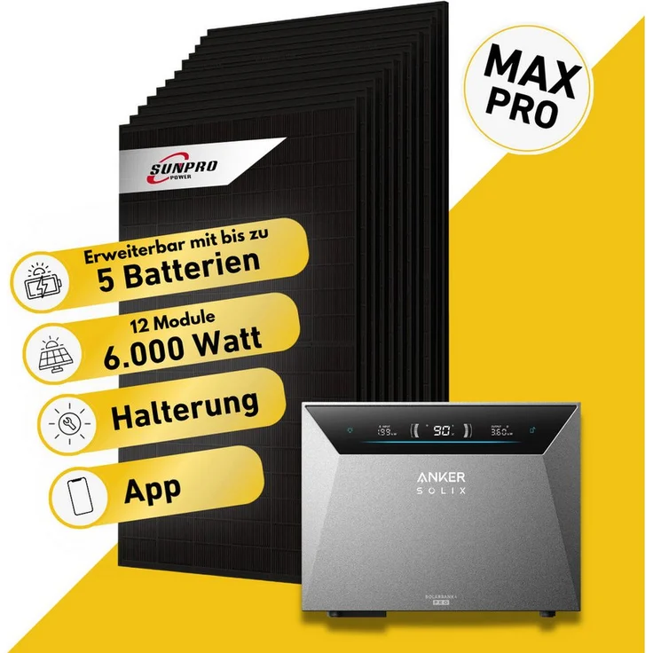 Balkonstrom Balkonkraftwerk 6000W, Komplettset mit 12x 500W Sunpro Solarmodulen, Anker Solix 4 Pro Speicher E5000, Bifazial, Monokristallin, Halterung für Balkon, Garten und Fassade