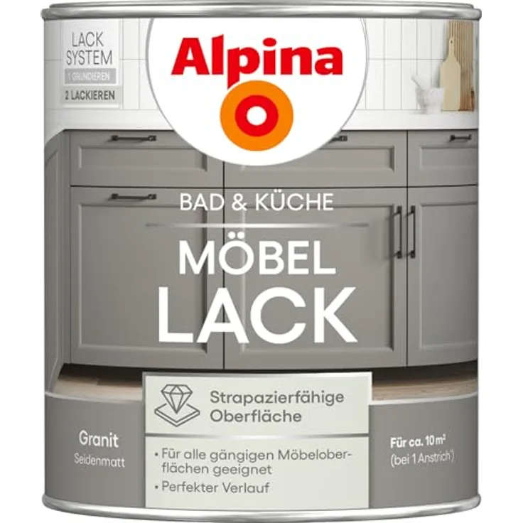 Alpina Möbellack Granit, seidenmatt, 750 ml, wasserbasiert, für Möbeloberflächen, reinigungsbeständig, für ca. 10 m²