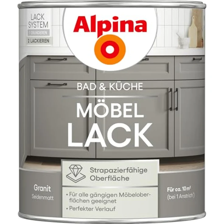 Alpina Möbellack Granit, seidenmatt, 750 ml, wasserbasiert, für Möbeloberflächen, reinigungsbeständig, für ca. 10 m² – Bild 1