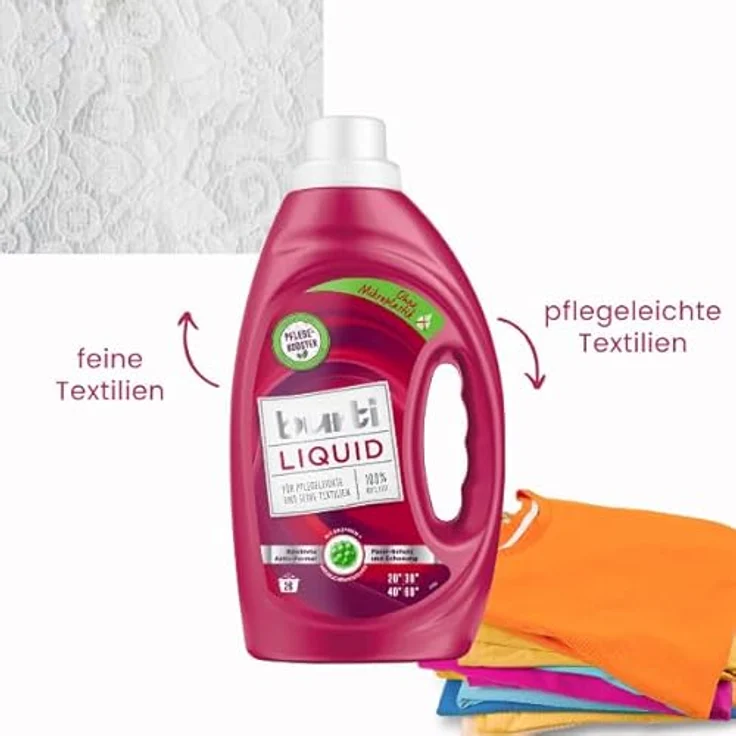 Burti Liquid Feinwaschmittel flüssig 1,45l - mit Faser Schutz für pflegeleichte & feine Textilien, schützt gleichzeitig die Farben, ohne Mikroplastik, für ca. 26 Waschladungen – Bild 2
