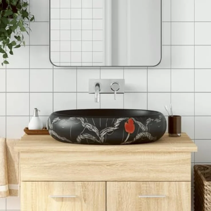 vidaXL Aufsatzwaschbecken Schwarz, Handgefertigte Keramik mit exquisitem Muster und einfacher Reinigung – Bild 3