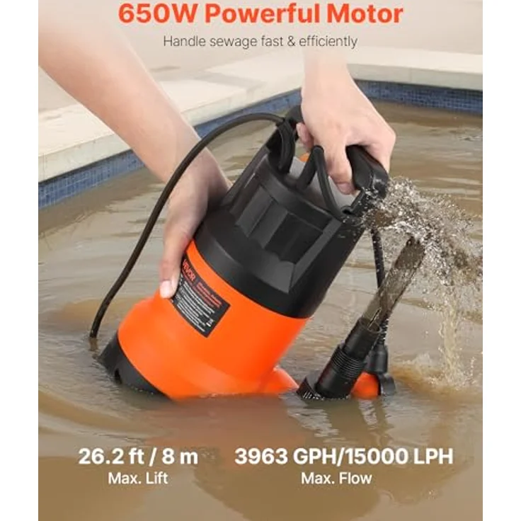 VEVOR 650W Tauchpumpe, 15000L/h, IPX8 Schmutzwasserpumpe mit automatischem Schwimmerschalter, 8m Förderhöhe für Pools und Teiche – Bild 2